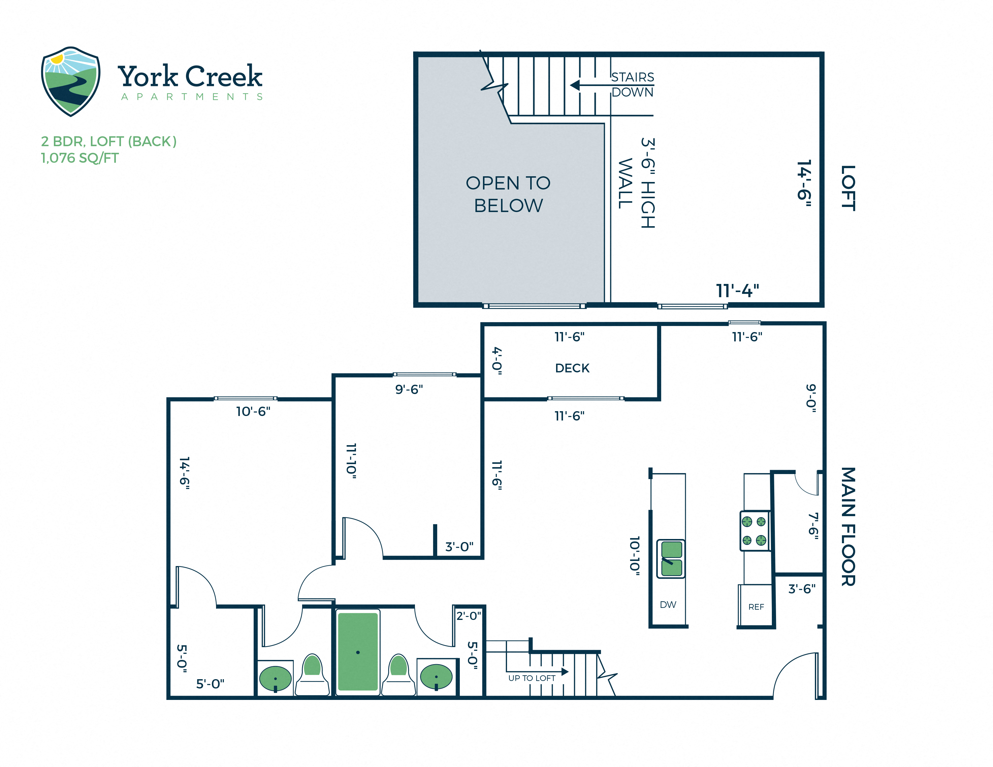 Floor plan for 2 beds, 1 bath, 1076 sqft